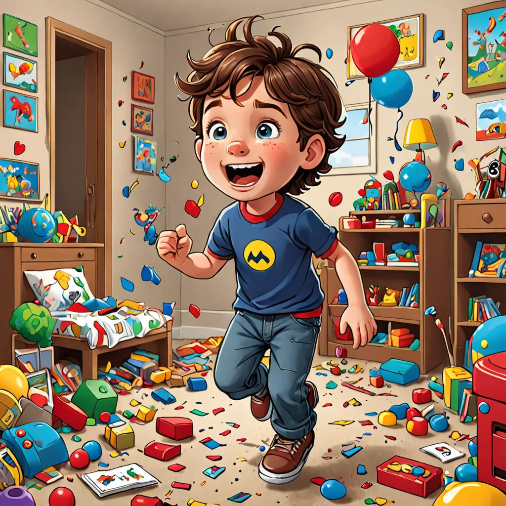 a boy running through a messy room with toys all around him and a bunch of balloons and confetti, lyco art, a storybook illustration, Chris LaBrooy, highly detailed digital painting