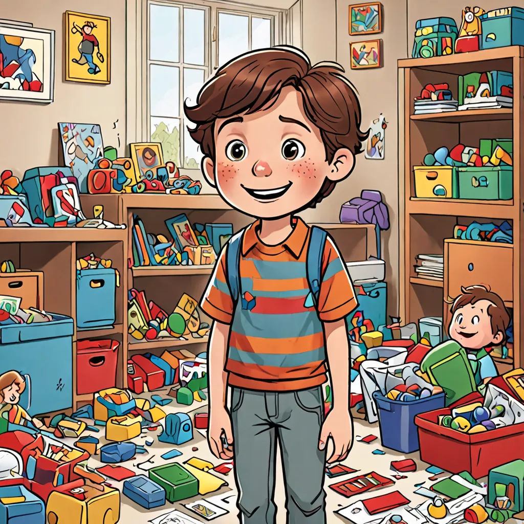 a boy standing in a room full of toys and books on the floor and a boy standing in the room full of toys, lyco art, a storybook illustration, Diego Gisbert Llorens, storybook illustration