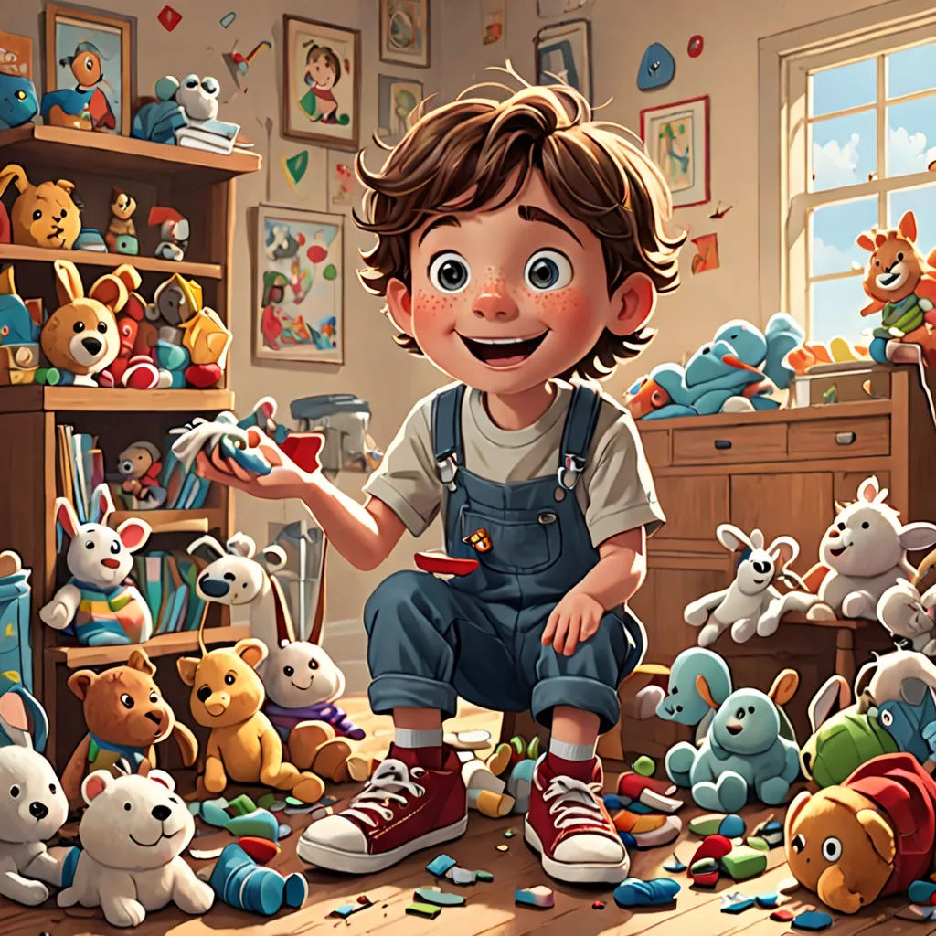 a boy is surrounded by stuffed animals in a room with a window and a shelf full of toys and a teddy bear, american scene painting, a storybook illustration, Chris LaBrooy, highly detailed digital painting