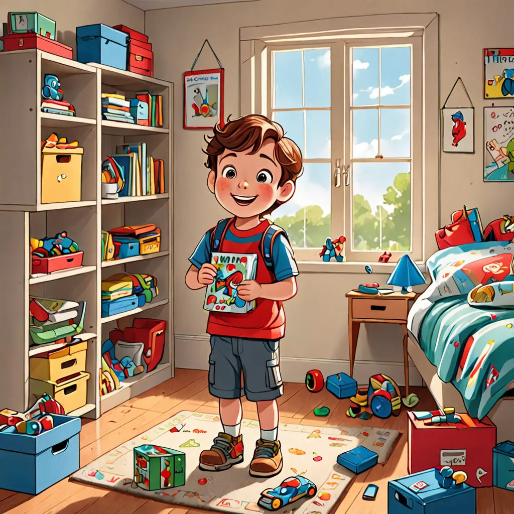a boy standing in a bedroom with toys and a bookcase in the background and a bed in the foreground, photorealism, a storybook illustration, Diego Gisbert Llorens, official art