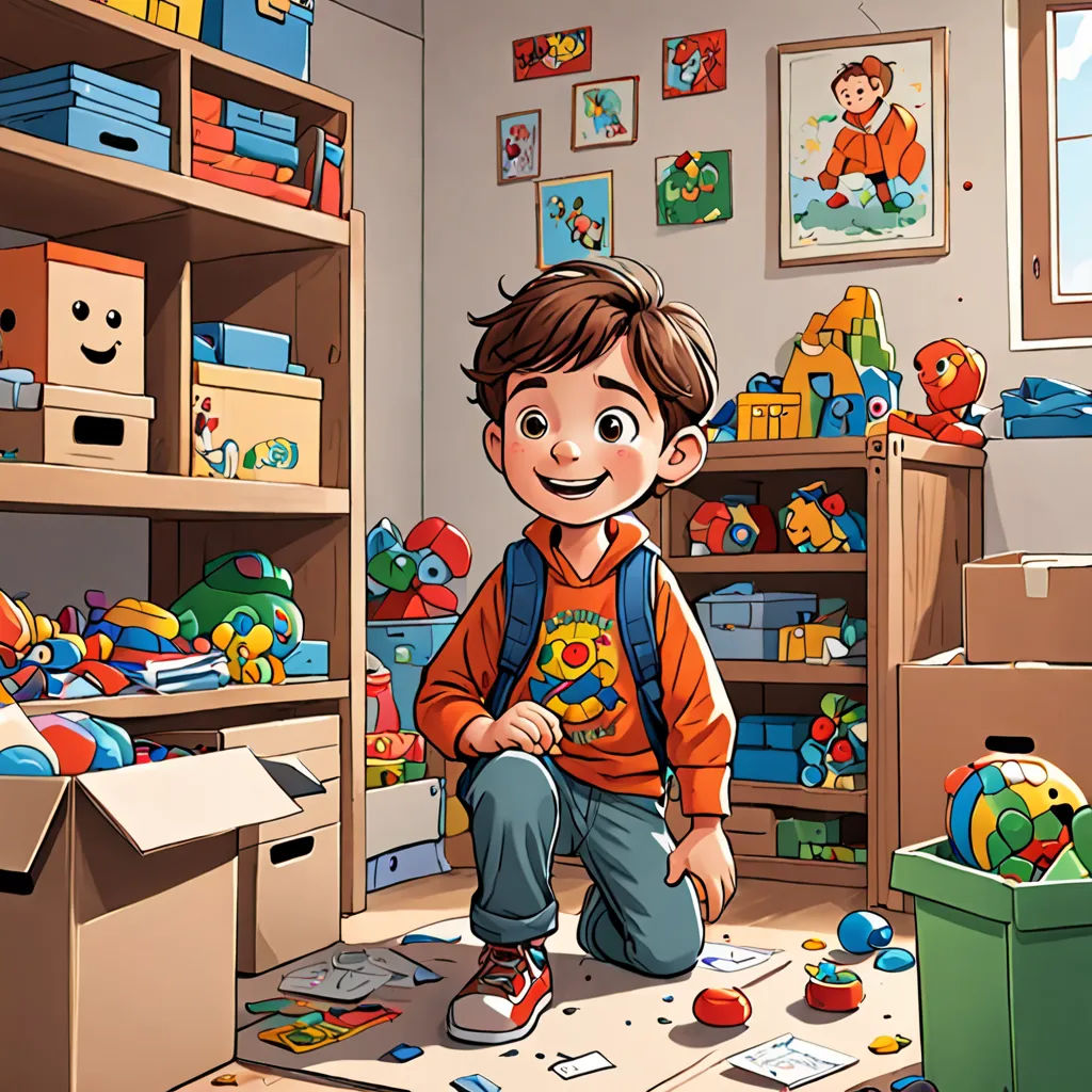 a boy is sitting on the floor in a room full of toys and boxes of toys and a box of toys, lyco art, a storybook illustration, Diego Gisbert Llorens, comic cover art