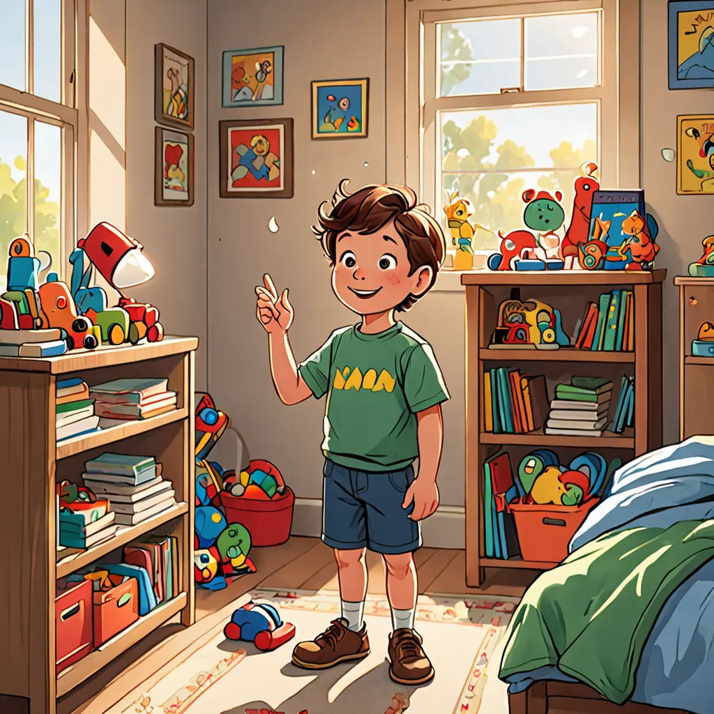 a boy in a bedroom with toys and a bookcase in the background and a bed with a pillow on it, photorealism, a storybook illustration, Diego Gisbert Llorens, rossdraws global illumination