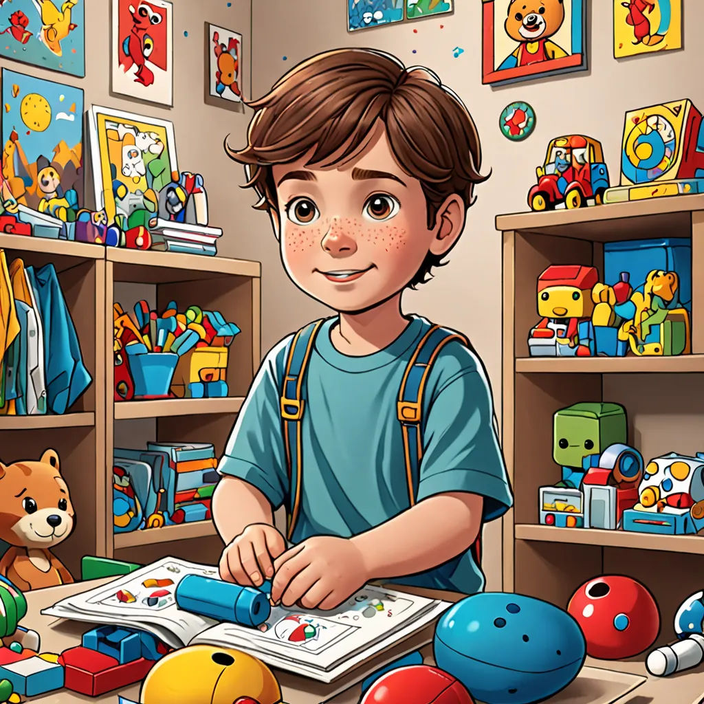 a boy is playing with toys in a room full of shelves and toys on the floor and a teddy bear, lyco art, a storybook illustration, Diego Gisbert Llorens, art station