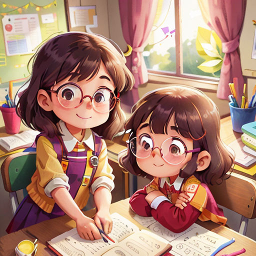 two children are sitting at a desk with a book and pencils in front of them, and a window