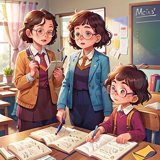 three girls in a classroom with books and a pen and paper in front of them, and a blackboard with a chalkboard on it