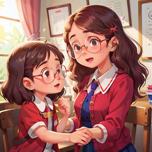 two girls in school uniforms are looking at something in a mirror together, with a window in the background