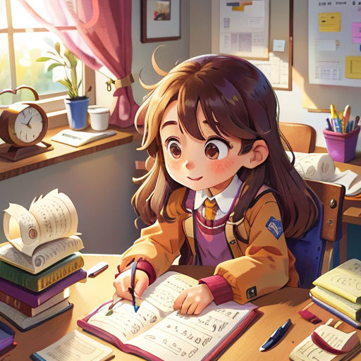 a girl sitting at a desk with a book and pen in her hand and a pile of books on the desk