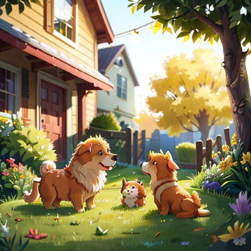 a dog and two puppies are in a yard with a house in the background and a tree in the foreground