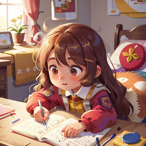 a girl sitting at a desk writing on a book with a pen and paper in front of her, with a laptop and a desk with a lamp on the wall