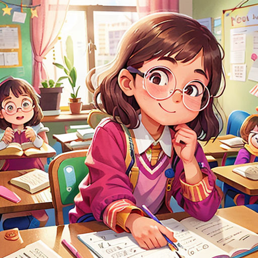 a girl sitting at a desk with a book and pencil in her hand and other children in the background