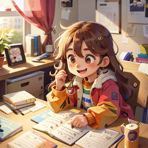 a girl sitting at a desk with a book and a cup of coffee in front of her and a computer