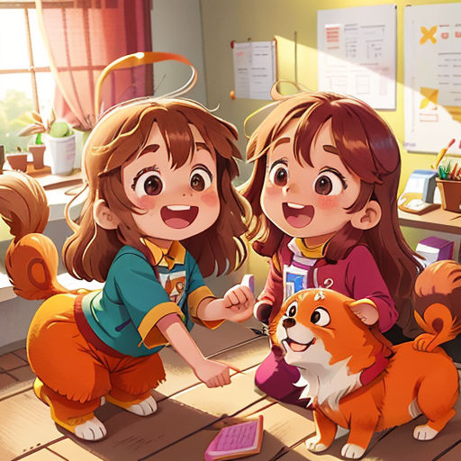 two girls are playing with a dog in a room with a desk and a computer monitor on it, and a cat is on the floor