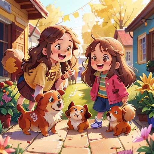 two girls and two dogs in a garden with flowers and a house in the background with a banner that says, happy birthday