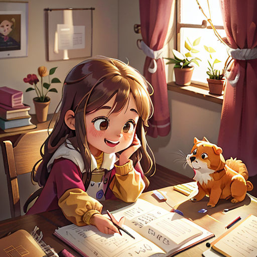 a girl sitting at a desk writing on a piece of paper with a dog sitting next to her on the desk