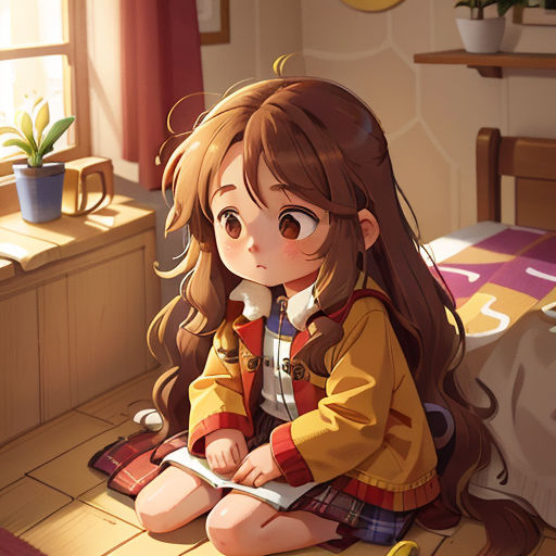 a girl sitting on the floor with a book in her hand and a plant in the background, in a room with a bed and a window
