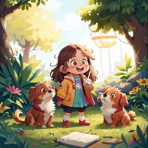 a little girl standing next to two dogs in a forest with a book in her hand and a book open