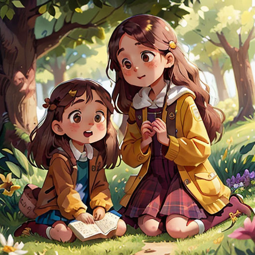 two girls sitting on the ground in the woods reading a book together, with a tree in the background
