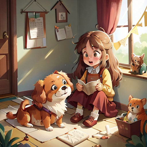 a girl sitting on the floor reading a book next to a dog and a cat and a dog laying on the floor