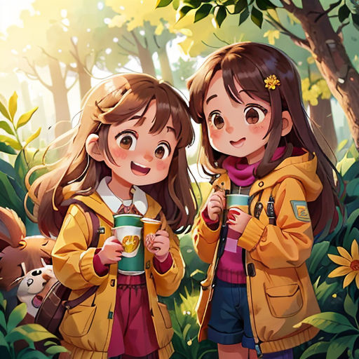 two girls are standing in the woods with coffee cups in their hands and one girl is holding a teddy bear