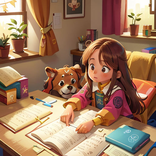 a girl sitting at a desk with a book and a stuffed animal next to her on her lap and a teddy bear