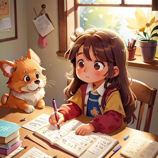 a girl sitting at a table with a cat and a book on it, writing on a piece of paper