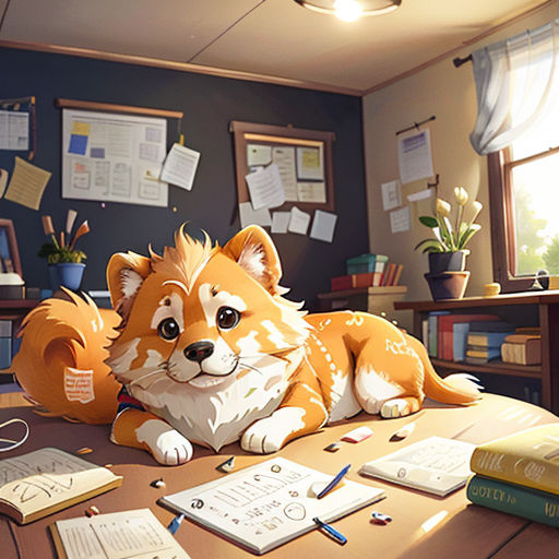 a cartoon dog is sitting at a desk with books and papers on it, and a lamp is above it