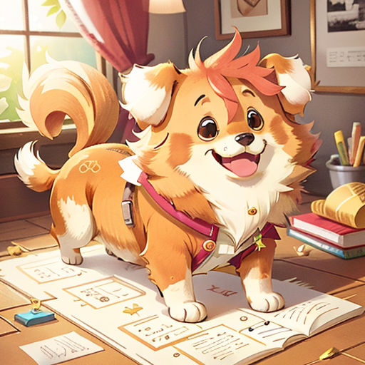 a dog standing on a rug in a room with a window and a desk with books and papers on it