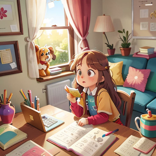a girl sitting at a table with a laptop and a book in front of her and a dog on the window sill