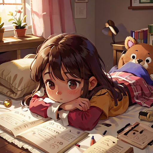 a girl laying on a bed with a book and teddy bear in the background and a teddy bear on the bed