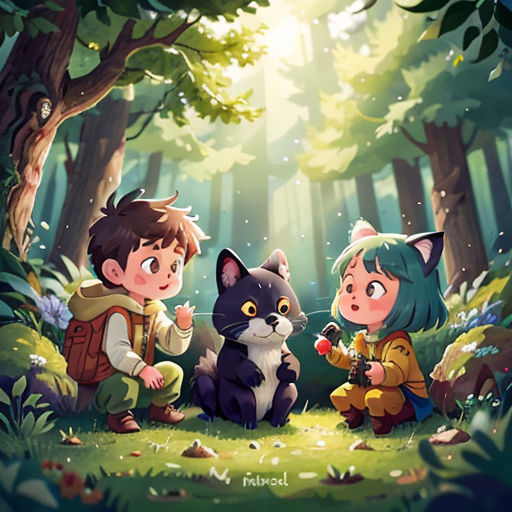 a couple of kids sitting in the woods with a cat and a cat on the ground next to them
