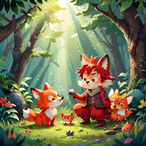 a fox and her cubs in the forest with sunlight coming through the trees and leaves on the ground,