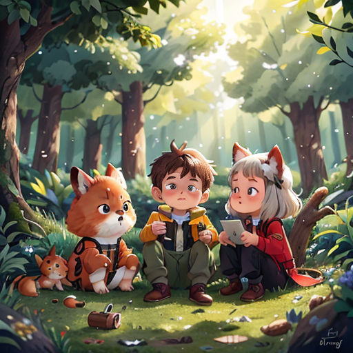 a couple of kids sitting next to a cat in a forest with a cat on their lap and a cat on the ground