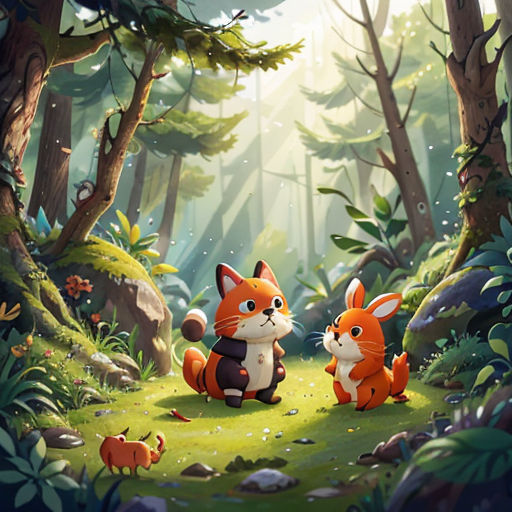 a couple of foxes standing in a forest next to a forest filled with trees and bushes and rocks and grass