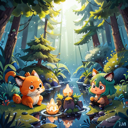 a cartoon scene with a fox and a fox cub sitting in the woods by a campfire and a fire