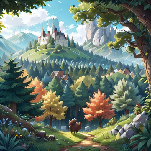a painting of a forest with a castle in the background and a path leading to it with a dog