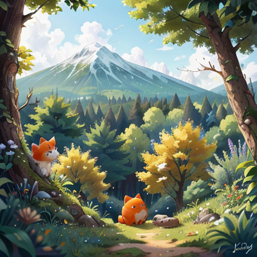a painting of a fox in a forest with a mountain in the background and trees and rocks on the ground