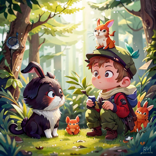 a boy and a cat in the woods with a forest background and a forest scene with a forest animal