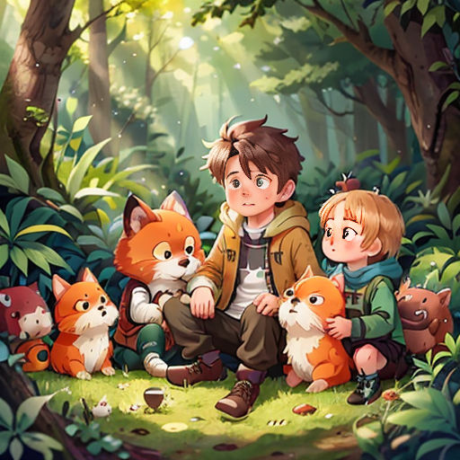 a boy and a girl sitting in the woods with foxes and other animals around them, with a forest background