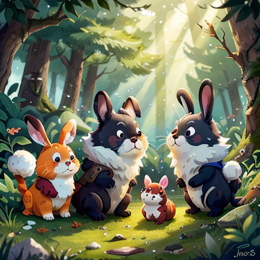 a group of rabbits and rabbits in the woods with a forest background and sunbeams behind them, with a forest scene in the background