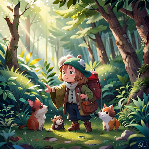 a little girl with a backpack and some animals in the woods by a tree and some leaves and a forest