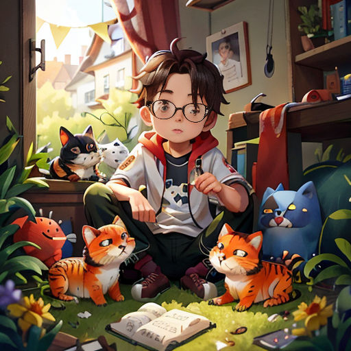 a boy sitting on the floor surrounded by cats and a book with a cat on it's lap