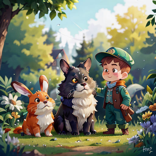 a boy and two animals in a forest with a forest background and a forest scene with a boy and a rabbit