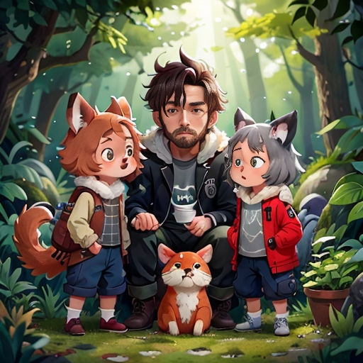 a man and two children standing in the woods with a cat and a fox on their lap, and a fox and a fox on their lap