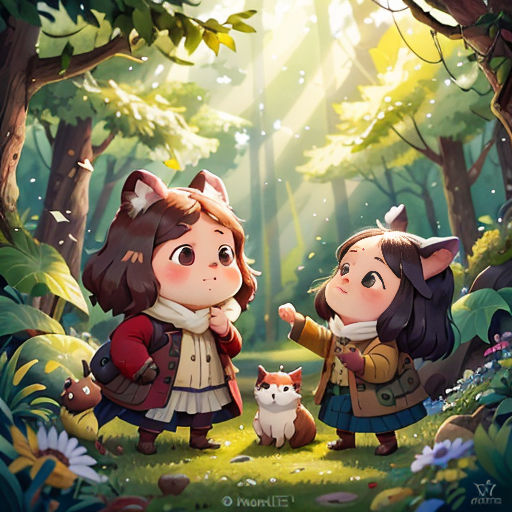 two children in the woods with a cat and a dog on a leash, looking at something in the distance