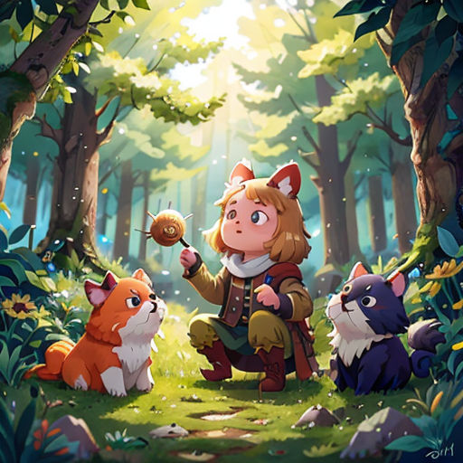 a girl is sitting in the woods with her animals and holding a ball in her hand and looking at the ground