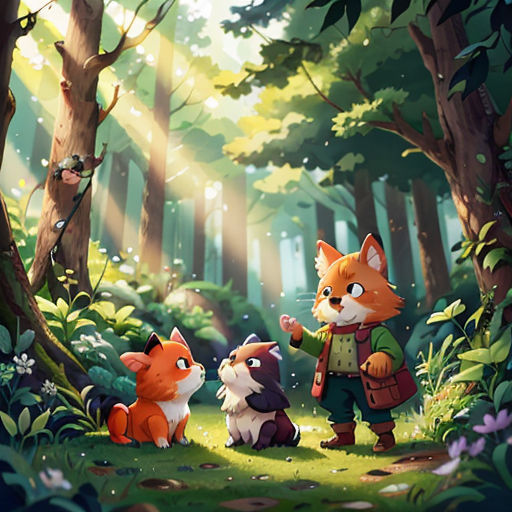 a painting of a fox and two other animals in a forest with a man holding a knife and a woman holding a cat