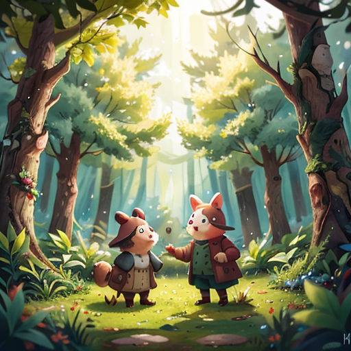 two foxes in the woods with sunlight coming through the trees and a path leading to them, with a forest scene in the background