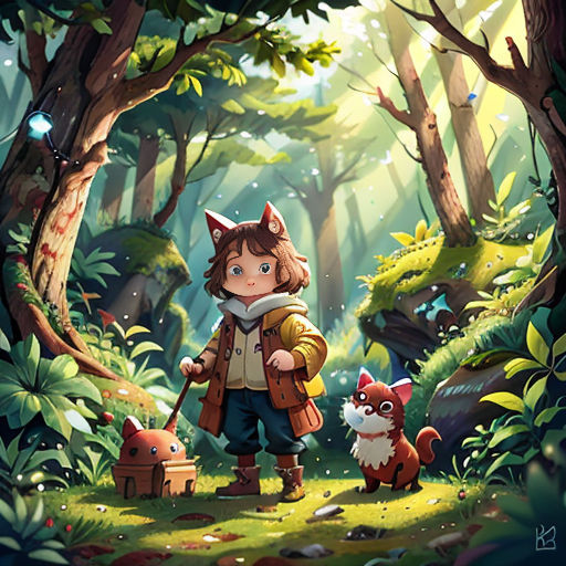 a little boy standing in the middle of a forest with a dog and a fox on a leash next to him