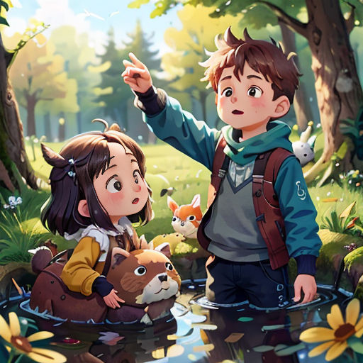 a boy and a girl are standing in a forest with animals and a pond of water in front of them