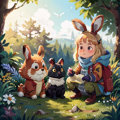 a girl sitting in the woods with two cats and a rabbit next to her, and a cat sitting next to her